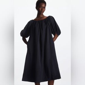 COS Navy Linen Blend Puff Sleeve Midi Dress XS Minimal Scandinavian Relaxed Fit